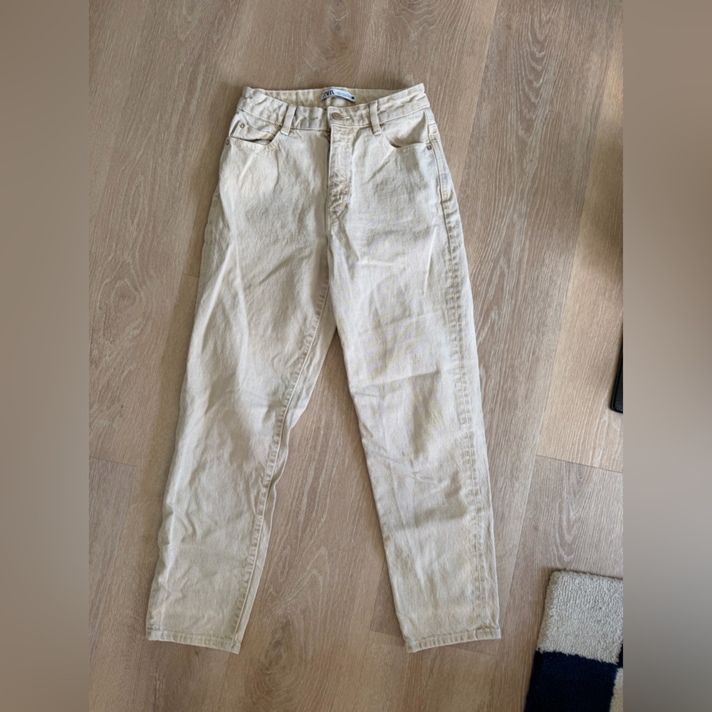 Zara Beige Cream Denim Straight Leg Pant